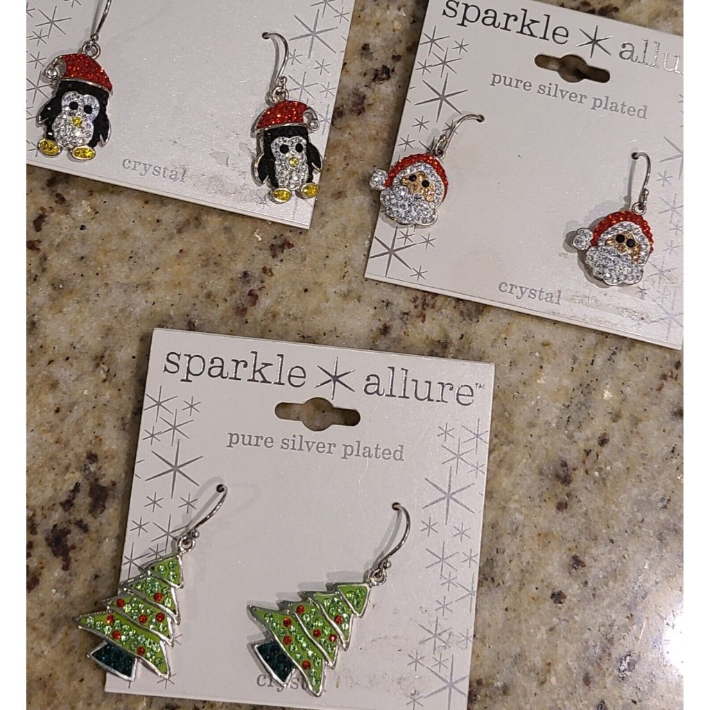3 Pair Sparkle Allure Silver Plate Crystal Christmas Earrings Penguin Tree Santa 60$